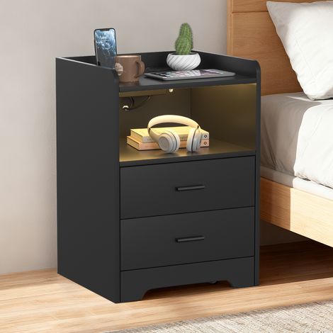 Jiubiaz Mesita de noche con luz LED, mesa auxiliar moderna para dormitorio, mesilla con estante de almacenamiento Negro (1/5)