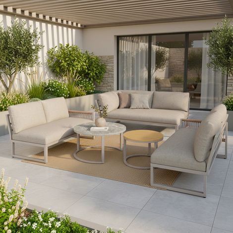 URBAN MEUBLE Salon Jardin Angle 6-7 Pers - 2 Tables Gigognes Effet Marbre & Coussins