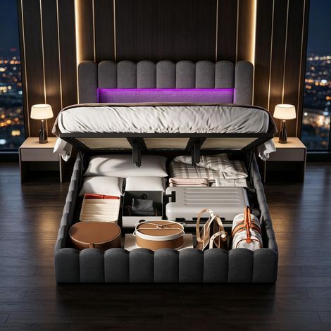 FOERPL-Gepolstertes Bett 180x200cm mit LED et USB/Type-C, Doppelbett 180x200 mit hydraulischem Bettkasten, Polsterbett 180x200 mit Bettkasten und Lattenrost Gepolsterter Bettrahmen