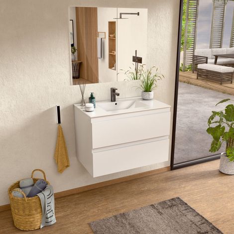 BELLOBATH – Hängender Waschtischunterschrank mit Keramikwaschbecken und Spiegel, Waschtischunterschrank mit 2 Schubladen, 60 x 55 x 46 cm, weißer Unterschrank