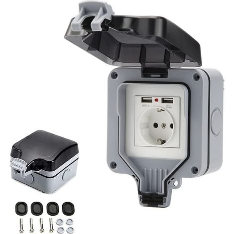 Enchufe impermeable IP66 con conexiones USB, toma de corriente para exteriores con tapa, caja de enchufe de pared para jardín, garaje, piscina (1/5)
