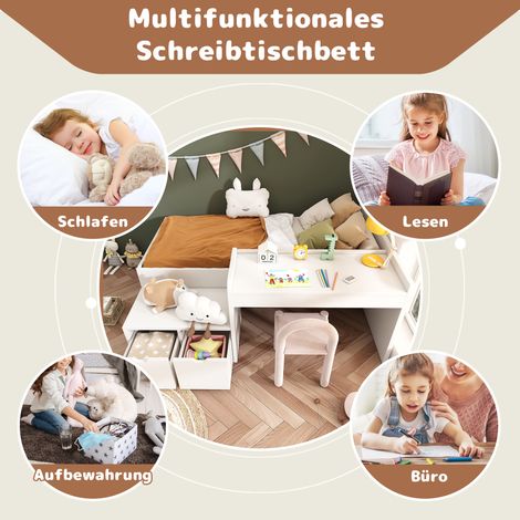 Lit bois massif enfant 90x200cm blanc, meuble combiné avec bureau et tiroirs, lit coffre à sommier, chambre fille garçon, sans matelas (1/5)