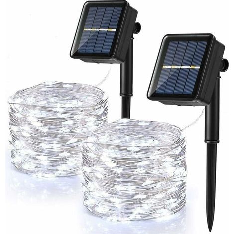 [2-Pack] Outdoor Solar String Lights, 100 LEDs, Waterproof, 10 m, 8 Modes, Copper Wire, for Garden, Patio, Wedding, Christmas Party, Cool White