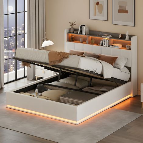 Lit coffre 140x190, LED et prises USB/Type-C, Lit double adulte rembourré, tête de lit avec rangement, velours, moderne, Blanc
