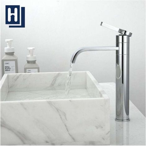Waterfall basin mixer tap, high spout, 360° swivel, chrome-plated brass basin mixer tap in a modern design (1/5)