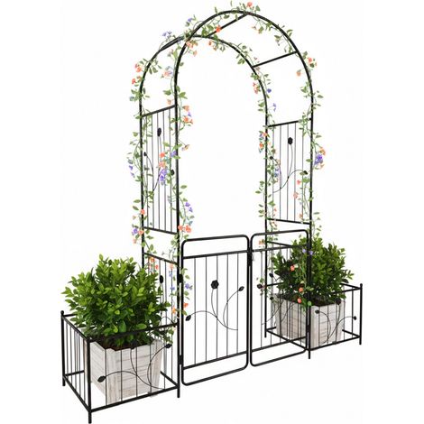 Relaxdays Arco per rose in metallo con cancello a 2 ante e 2 fioriere, HBT: 220x202x50 cm, nero (1/5)