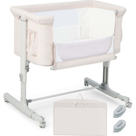 3 modes, berceau cododo bébé portable, 5 hauteurs réglables, inclinaison 10°, sac de voyage, beige (1/5)