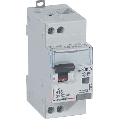 Disjoncteur différentiel DX³4500 arrivée haute et départ bas à vis U+N 230V 16A type AC 30mA courbe B 2 modules LEGRAND 410735