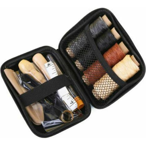 Kit de 28 outils de couture en cuir, poinçons, dé à coudre, doigtiers, fil ciré, aiguilles à coudre (1/5)