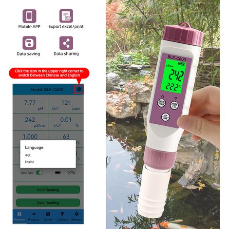 Stylo de test de qualité de l'eau Bluetooth 7 en 1 (testeur de salinité/pH/TDS/EC/ORP/SG, testeur d'acidité pour aquarium BLE-C600, blanc et violet, livré avec pile)
