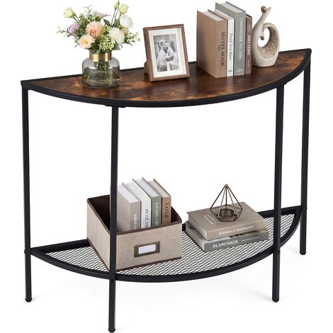 Table Console Demi-Lune à 2 Niveaux Entrée Couloir Salon Table Basse Surélevée Style Industriel avec Étagère à Grille Métallique, 93x30x80 cm (1/5)