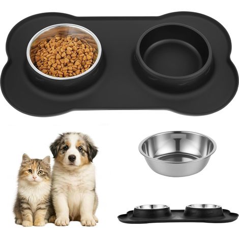 Tappetino per ciotola per gatti in acciaio inox, 2 ciotole antiscivolo in acciaio inox per cani e gatti, doppie ciotole per l'acqua con tappetino in silicone anti-schizzo per ciotola per cani (S 36 x (1/5)