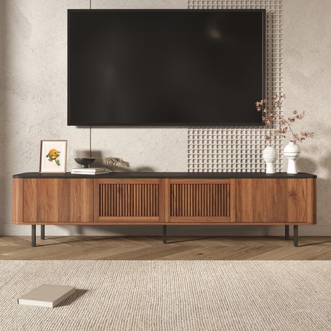 Meuble TV 190 cm noyer noir, banc TV moderne avec rangement, portes coulissantes grillagées, pieds métal, pour TV jusqu'à 80 pouces (1/5)