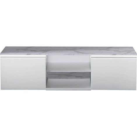 CHRIS WHITE - Meuble TV Blanc Laqué Brillant Plateau Imitation Marbre avec Led