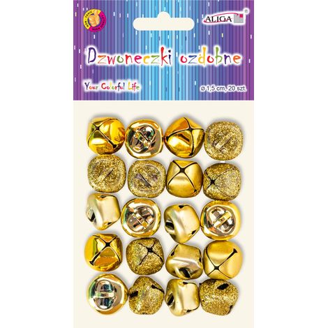 Campanas metálicas con purpurina dorada, 1,5 cm, 20 unidades.