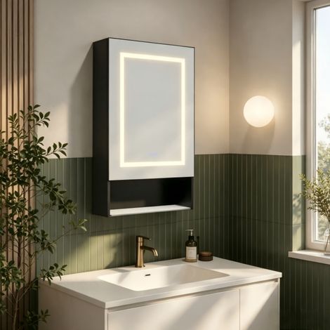 Armoire à Miroir Mural 50x16x88 cm,Salle de Bains Armoire avec 1 portes,Grand Meuble de Rangement avec Étagère Réglable,Anti - Buée Gradateur, Noir (1/5)