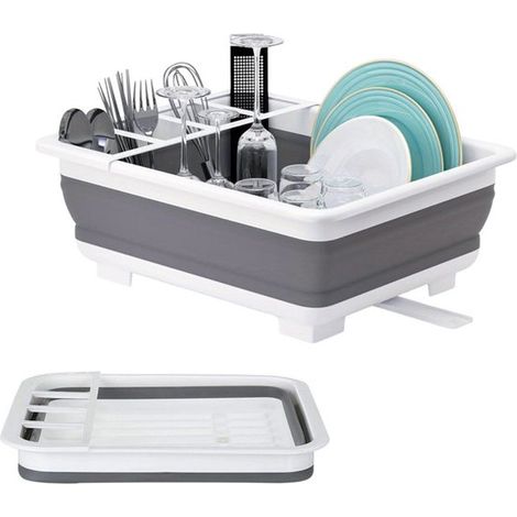 Égouttoir à vaisselle pliable avec tuyau d'évacuation, portable et compact, pour évier et plan de travail, voyage, camping-car et camping, gris (1/5)