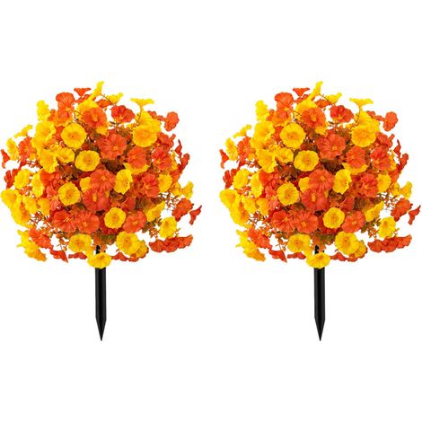 Lot de 2 fleurs artificielles de liseron, imperméables, à planter au sol, de couleur orange et jaune, idéales pour la décoration automnale. (1/5)