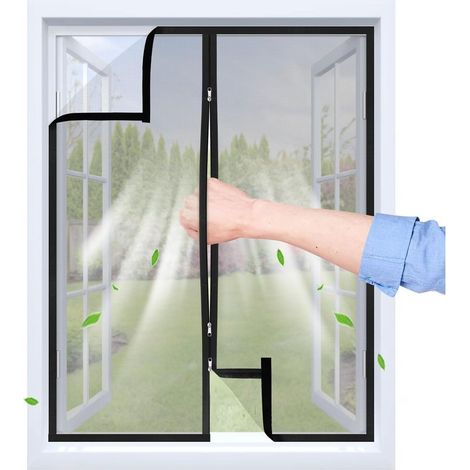 Moustiquaire Fenetre Adhésive avec Fermeture Éclair 100x120 cm Bande Auto-agrippante Transparent et Tissu PP Respirant Réutilisable Lavable Noir (1/5)