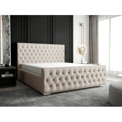 Lit Rembourré Cristal - Beige - 200x200 Cm - Lit Avec Rangement - Lit Double - Matelas À Ressorts Bonnell (1/5)