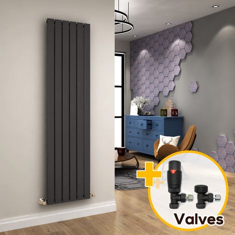 ELEGANT Vertical Column Radiator 1800 x 452 mm Anthracite Single Flat Panel Designer Bathroom Radiator + Anthracite Thermostatic Radiator Valves (1/5)