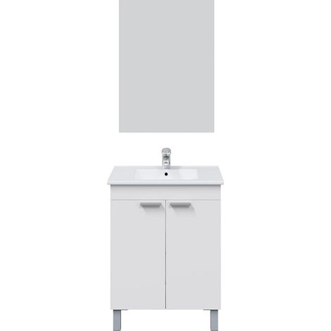 Modèle LC1 Meuble de Salle de Bain avec 2 Portes et Miroir Finition Blanc Brillant, Dimensions : 60 x 80 x 45 cm (l x H x P). (1/5)