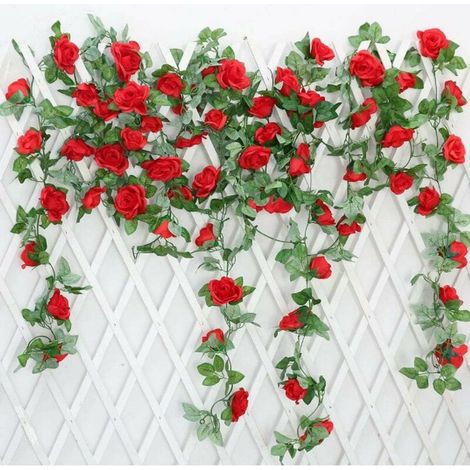 Simulation Rose Fleur De Vigne en Rotin Soie Wisteria Garland Suspendu en Rotin Arch Mariage De Jardin Décorations Décoration D'intérieur-2Pc,Red