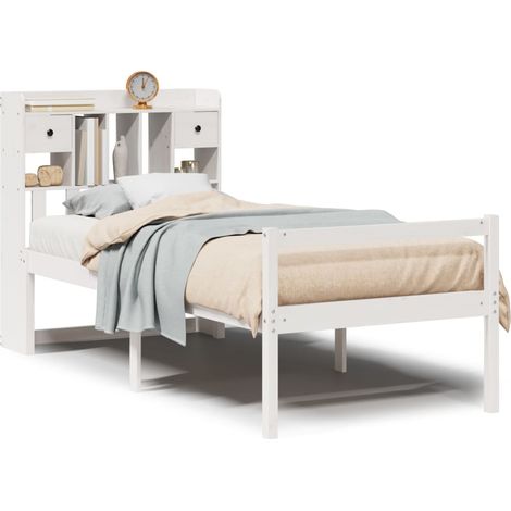 Lit simple，Lit bibliothèque sans matelas blanc 90x190cm bois de pin massif