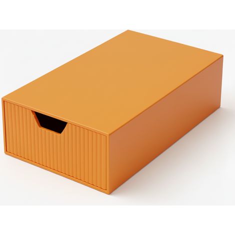 Orangefarbene Aufbewahrungsbox mit ausziehbarer Schublade für Schmuck und Kabel