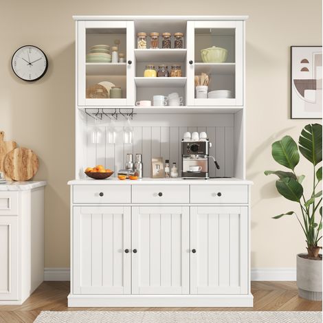 Buffet haut 120x40x191 cm en panneaux de bois blanc, avec rangement pour salle à manger FloraGrace (1/5)