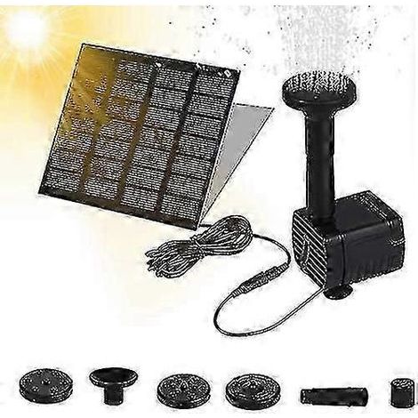 Solar-Teichpumpe mit integriertem Akku, die vier verschiedene Springbrunnen-Designs bietet und sich für Wasserspiele im Garten eignet.
