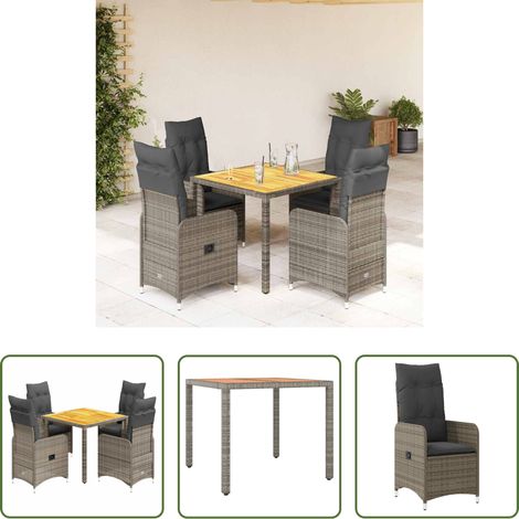 vidaXL Gartentisch - 5-tlg. Garten-Bistro-Set mit Kissen Grau Poly Rattan (1/5)