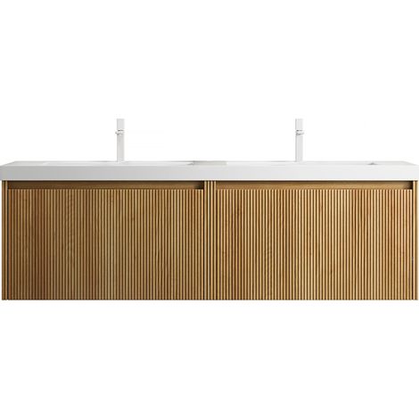 GagaMeuble vasque mural 140 cm bois naturel blanc 2 lavabos résine (1/5)