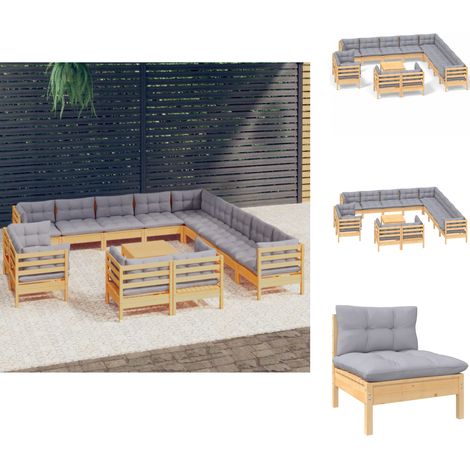 Gartenmöbel-Sets - Living 14-tlg. Garten-Lounge-Set mit Grauen Kissen Massivholz Kiefer (1/5)