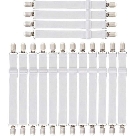 16x Tendeur de drap réglable avec clips métalliques, Blanc