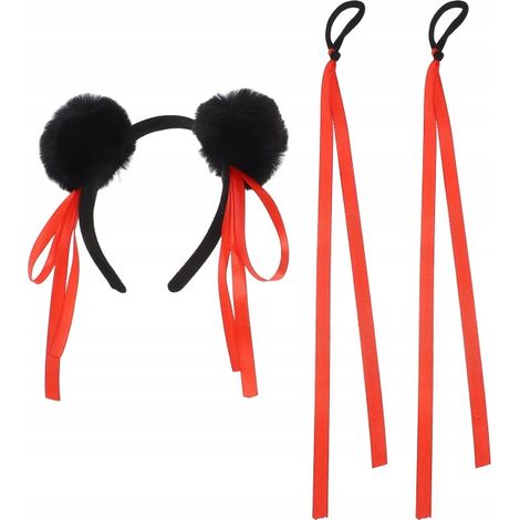 Set: cerchietto nero in peluche con pon-pon, adatto per giochi di ruolo per bambini. (1/4)