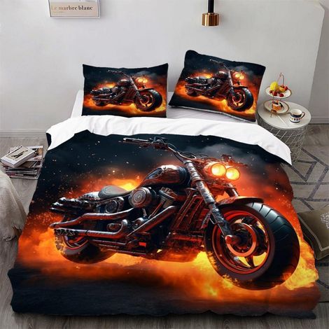 Bettwäsche 200x200cm 3D Motorrad Feuer Motiv Mikrofaser 3-teilig