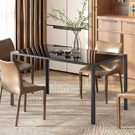 Mesa de Comedor de Cristal Rectangular para 6 Personas con Patas de Metal para Cocina Salón 140x80x75 cm Negro (1/5)