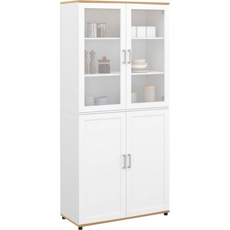 Idmarket – Vitrine buffet haut 176 cm – 4 portes en bois et PVC – Meuble de rangement moderne pour salon – Style contemporain blanc et bois (1/5)