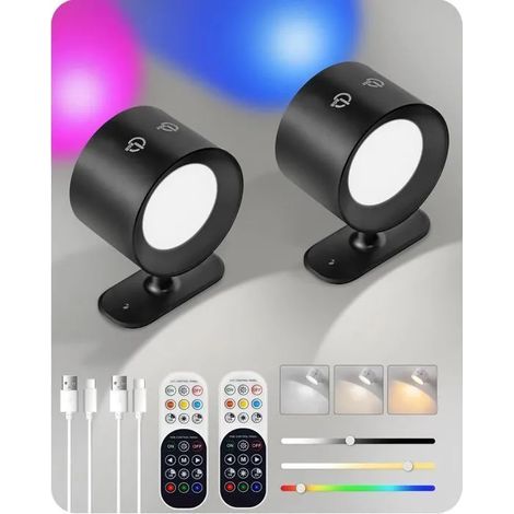 Appliques murales LED paquet de 2 appliques murales rechargeables alimentes par batterie avec boutons et tlcommande noires (1/4)