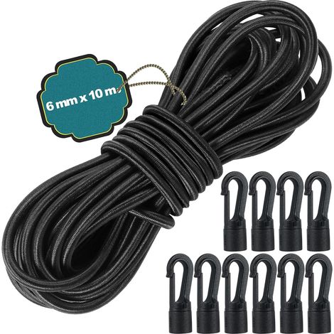 6 mm x 10 m Tendeur Elastique, Corde Élastique Noir avec 10 Crochets en Plastique, Sandow Elastique en Latex pour Bâche de Remorque, Bateau, Camping, Tente, Sac à Dos (6 mm x 10 m) (1/5)
