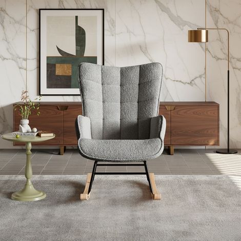 Poltrona a dondolo in tessuto bouclé grigio scuro - Sedia a dondolo design scandinavo per salotto e camera