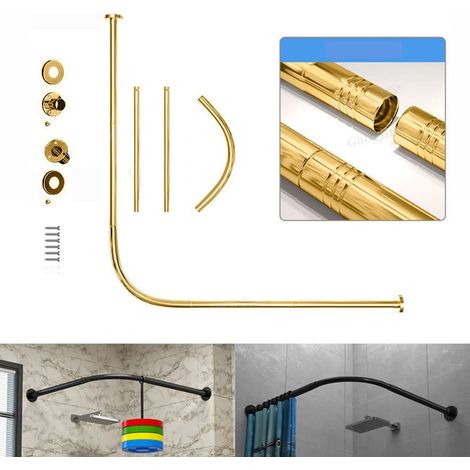 Gebogene, teleskopierbare Duschstange, Länge 108-138 cm, L-förmiger Eckwinkel aus Edelstahl, vorgebohrte Löcher, verstellbare Länge, goldfarben. (1/4)