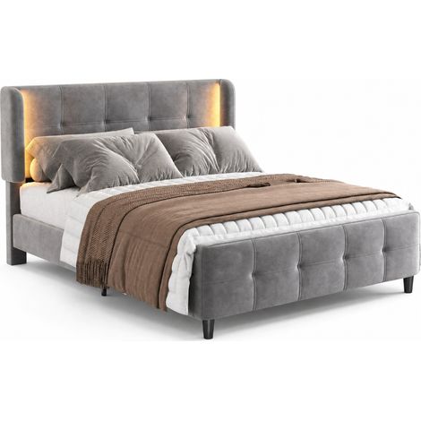 Lit double capitonné 140x200 cm en velours gris avec LED 16 couleurs, tête réglable sur 3 hauteurs, design élégant - CHICFURN (1/5)