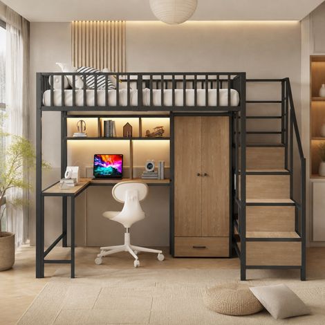 Lit mezzanine en métal 140 x 200 cm avec bureau, étagères, armoire et rangements, noir (1/5)