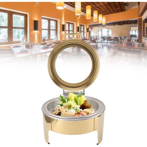 Réchaud de buffet rond à pied droit et à chauffage à alcool visible, 6 litres, en acier inoxydable avec couvercle rabattable, pour restaurants d'hôtels, comprend un bol alimentaire rond. (1/5)