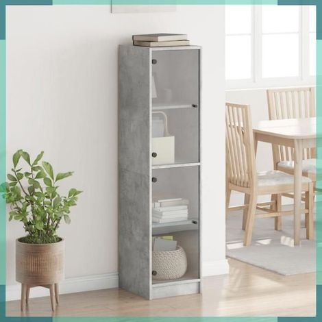 836437 Buffet avec portes en verre gris béton 35x37x142 cm (1/5)