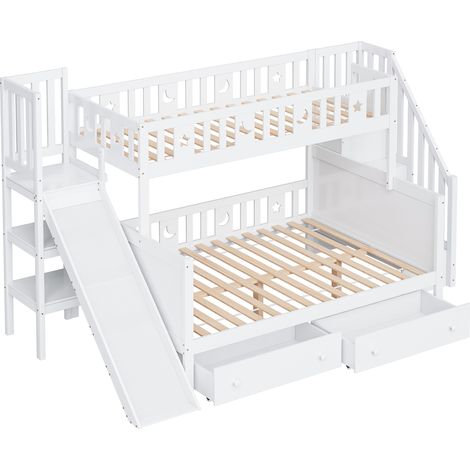 Letto a castello per bambini 90x200/140x200 cm con scivolo, scala, vani e cassetti, bianco (1/5)