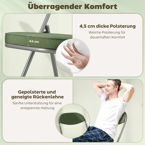 Lot de 4 fauteuils pliants rembourrés, chaises repliables avec housse en velours côtelé, dossier, armature en acier, couleur vert forêt (1/4)
