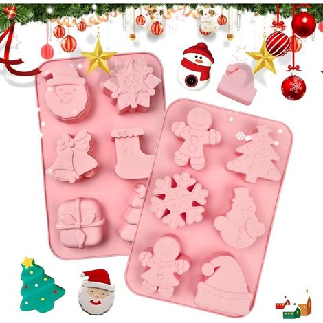 Lot de 2 moules en silicone de Noël - 12 éléments de Noël - Pour la pâtisserie de Noël, les gâteaux, le chocolat, le pain d'épices, le fondant, la gelée, le savon (1/5)